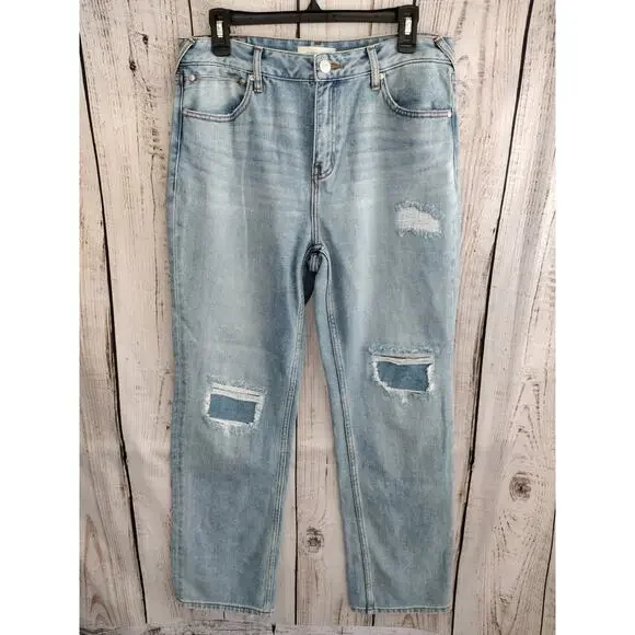 Cleo + Wolf Patchwork Distressed Light-Wash High-Rise Straight Jeans Women's 29 - Picture 2 of 15